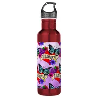 I Love You | Valentine's Day Heart and Rose    Stainless Steel Water Bottle