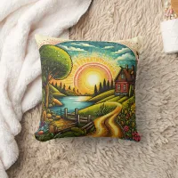 Tranquil sunset over a serene countryside home throw pillow