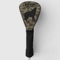 Modern Brown Camo Black Wolf Silhouette Monogram | Golf Head Cover