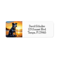 Cute Dog on Beach at Sunset  Label