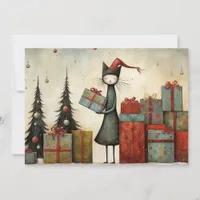 Whimsical Cute Cat with Christmas Gifts and Tree Holiday Card