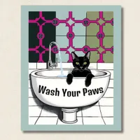 Black Cat in a Sink, Wash room, washing paws Poster