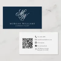 QR Code Modern Professional Navy White Business Card