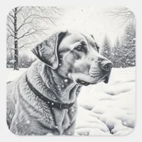 Black and White Dog AI Sketch Winter Scene Square Sticker
