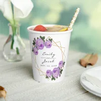 Elegant Gold Glitter Geometric Purple Floral Wed Paper Cups