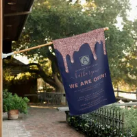 Navy Blue Rose Gold Sparkle Glitter Drips Business House Flag