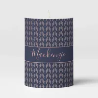 Trendy Pink Rose Gold Foil Boho Tribal Navy Blue Pillar Candle