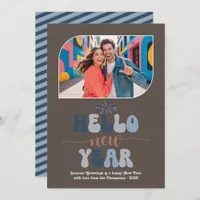 Blue Mocha Hello New Year Blue Retro Photo Holiday Card