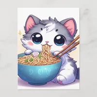 Adorable Cartoon Kitten Eating Ramen Noodles Postcard