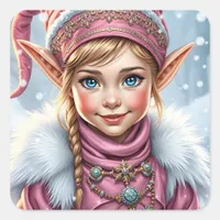 Adorable Pink Elf Festive Christmas  Square Sticker