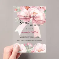 Sweet 16 bow pink watercolor florals clear acrylic invitations