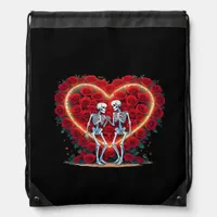 Skeleton Couple Holding Hands Inside A Heart Of Ro Drawstring Bag