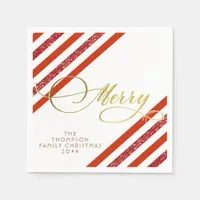 Gold Script Glitter Red White Family Christmas Napkins