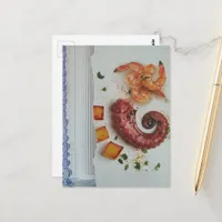 Yummy Seafood with white column surreal collage Postcard