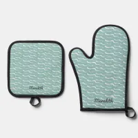 Personalized Turquoise Nautical Sea Ocean Waves Oven Mitt & Pot Holder Set