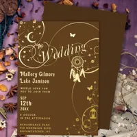 Woodland Brown Boho Whimsical Wedding Gold Foil Invitation