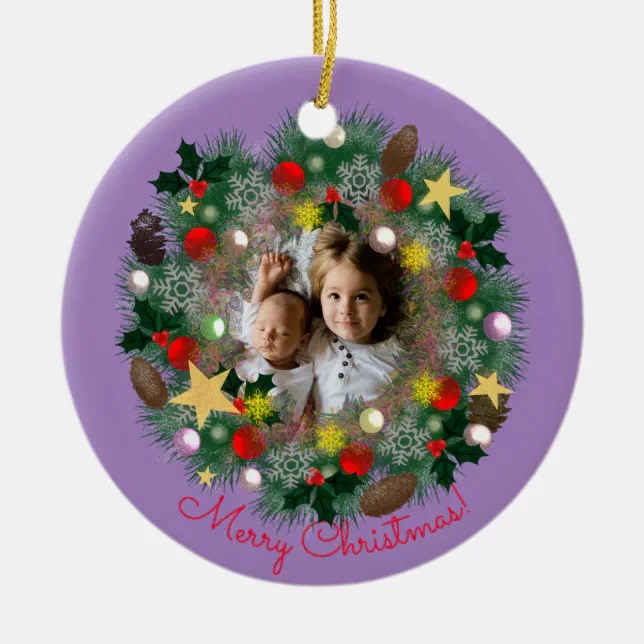 Xmas and New Year greetings, photo in a wreath Ceramic Ornament