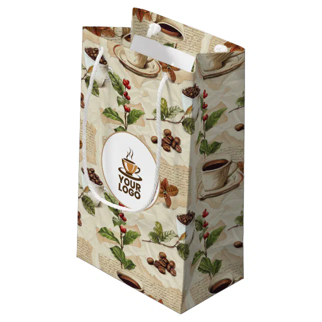 Vintage Coffee Beans & Cup Pattern Shop Brand Logo Small Gift Bag