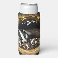 Cute  Badger Family Personalized Seltzer Can Cooler