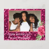 Pink glitter rose photo Mother's Day daughters Postcard