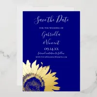 Gold Sunflower on Navy Blue Wedding Save the Date Foil Invitation