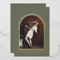 Sage Green Gold Arch Photo Engagement Foil Invitation