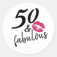 Fifty and Fabulous Modern Script Kiss Lipstick Classic Round Sticker