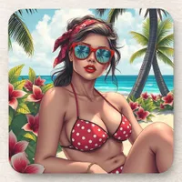 Red Bikini, Sunglasses and Bandana Woman  Beverage Coaster