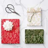 Gold Leaf Pattern Red Green White Christmas Wrapping Paper Sheets