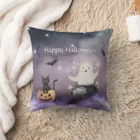 Cute Cat and Ghost Halloween Throw Pillow