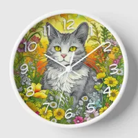 Whimsical Cat and Flowers Clock