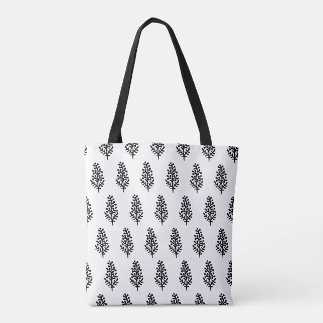 Indian Motif Handblock Print Black on White Tote Bag