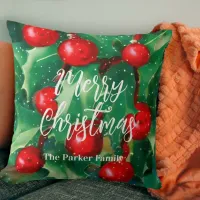 Merry Christmas Greenery And Red Berries Throw Pillow