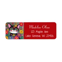 Cute Folk Art Black Cat and Flowers Label