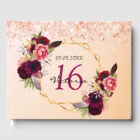 Sweet 16 rose gold floral geometric Burgundy  Guest Book