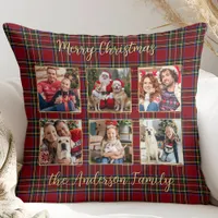 Family Christmas Plaid Gold Custom 6 Photo Collage Throw Pillow