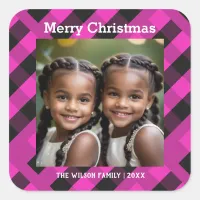 Magenta Pink Buffalo Plaid Custom Photo Christmas Square Sticker