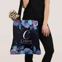 Blue Black and Purple Floral Wedding Monogram Tote Bag