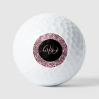 Stylish monogram rose gold glitter name black golf balls