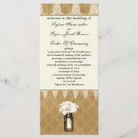 daisies in mason jar, burlap wedding program