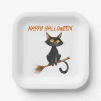 Black Cat on a Witch's Broom Happy Halloween Paper Plates