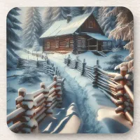 Winter Log Cabin on a Snowy Day Christmas Beverage Coaster