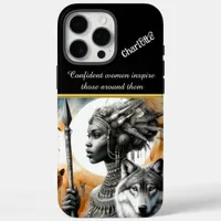 A fierce warrior woman stands with a majestic wolf iPhone 16 pro max case