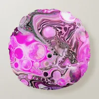 Pink and Black Abstract Fluid Art  Round Pillow