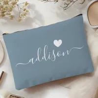 Bridesmaid Modern Script Dusty Blue Heart Accessory Pouch