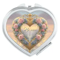 Victorian, golden heart with flowers and saying compact mirror