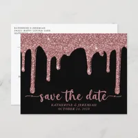 Chic Black Rose Gold Glitter Drips Save The Date Announcement Postcard
