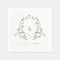 Sage Green Monogram Floral Crest Elegant Wedding Napkins