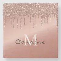 Rose Gold Dripping Glitter Monogram Name Metallic Stone Coaster