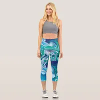 Blue Green Digital Marble Fluid Art   Capri Leggings